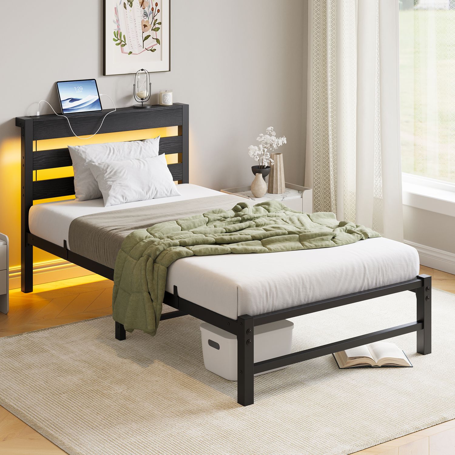 Twin Size Bed Frame Heavy Duty Platform Bed Frame with Headboard Twin Size Bed Frame Heavy Duty Platform Bed Frame with Headboard