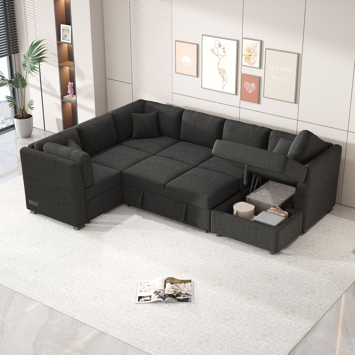 108.6 108.6" U - Shaped Sectional Sofa Pull out Sofa Bed with Two USB Ports