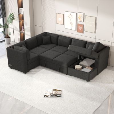 108.6 108.6" U - Shaped Sectional Sofa Pull out Sofa Bed with Two USB Ports