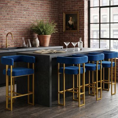 Velvet Counter Height Bar Stools Set of 4 - Blue, Gold Velvet Counter Height Bar Stools Set of 4 - Blue, Gold