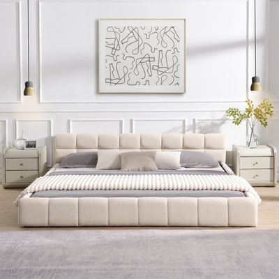 Elegant Beige Chenille Upholstered Bed with Checkerboard Design, King Elegant Beige Chenille Upholstered Bed with Checkerboard Design, King