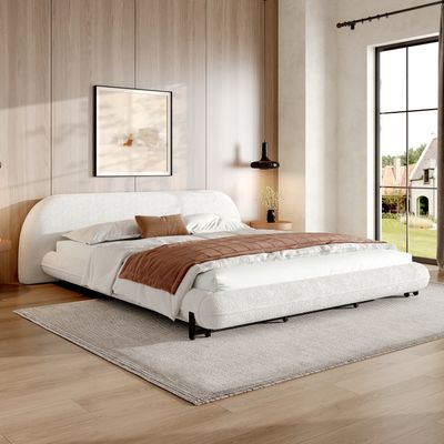 King Size Bed Frame with Boucle Fabric - White