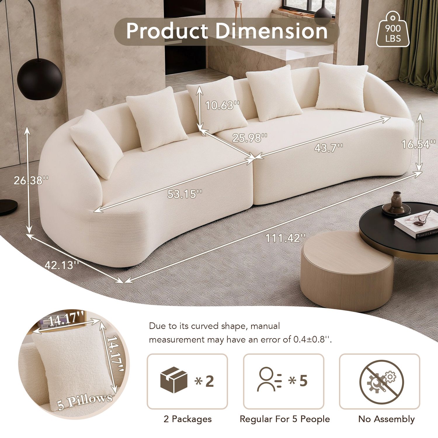 Curved Boneless Sofa, Compression Modular 110'' Sectional, White High