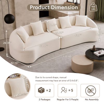 Curved Boneless Sofa, Compression Modular 110'' Sectional, White High Curved Boneless Sofa, Compression Modular 110'' Sectional, White High