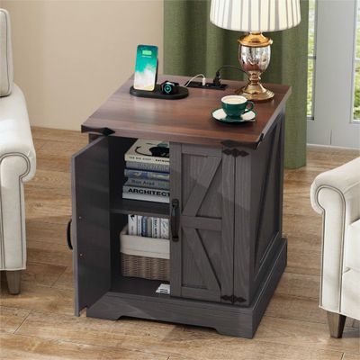 Farmhouse End Table with Charging Station - Grey