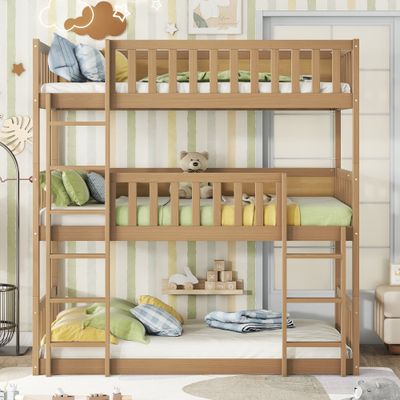 Twin Size Triple Rubber Wood Bunk Bed - White Oak