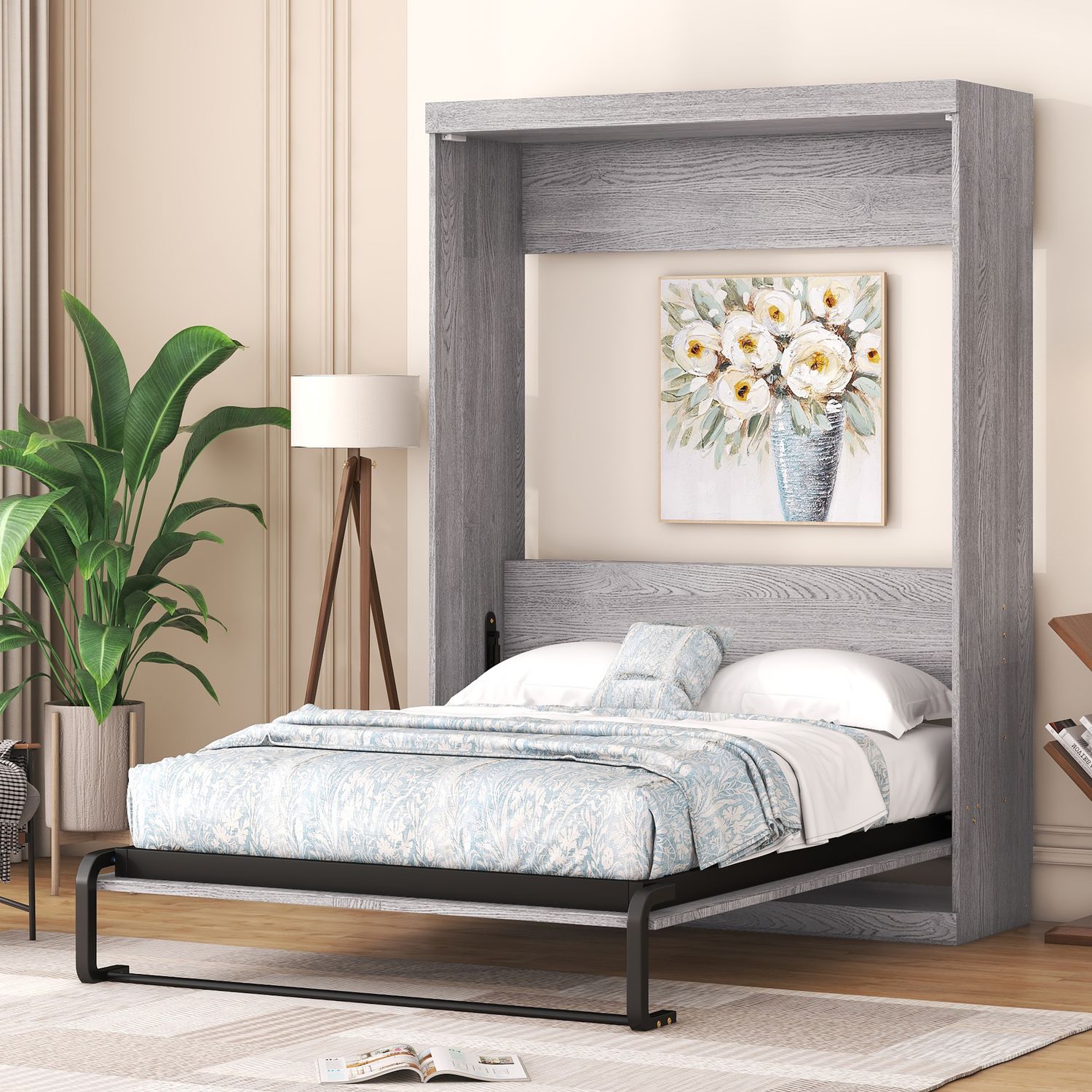 Full Size Murphy Bed, can be Folded into a Cabinet, Gray - Grey