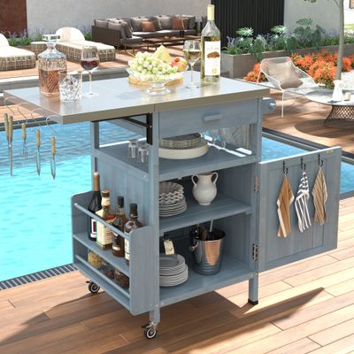 K&K 40.5 K&K 40.5" Outdoor Grill Cart with Stainless Steel Top - Blue+Grey