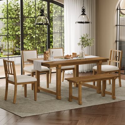 TREXM 6 - Piece Farmhouse Dining Set for 6 - Beige, Walnut TREXM 6 - Piece Farmhouse Dining Set for 6 - Beige, Walnut