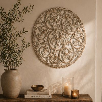 36 36" Round Wooden Handcrafted Wall Panel with Mirror Decorative Carved
