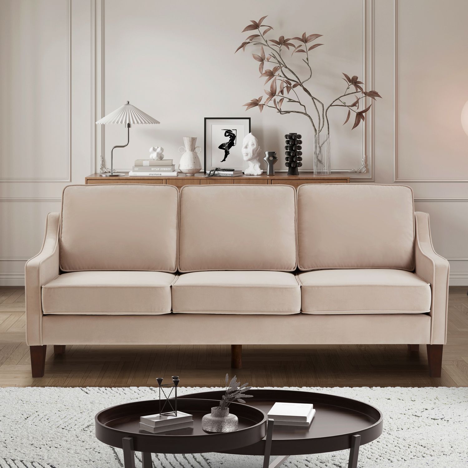 Modern 3 Person seat Sofa Couch with Scooped Armrest/Wood legs - taupe Modern 3 Person seat Sofa Couch with Scooped Armrest/Wood legs - taupe