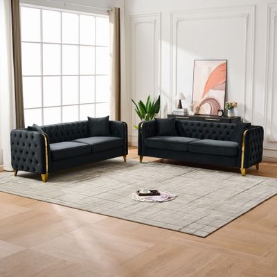3+3 Seat Velvet Button Tufted Sofa Couch with Gold Legs - Black 3+3 Seat Velvet Button Tufted Sofa Couch with Gold Legs - Black