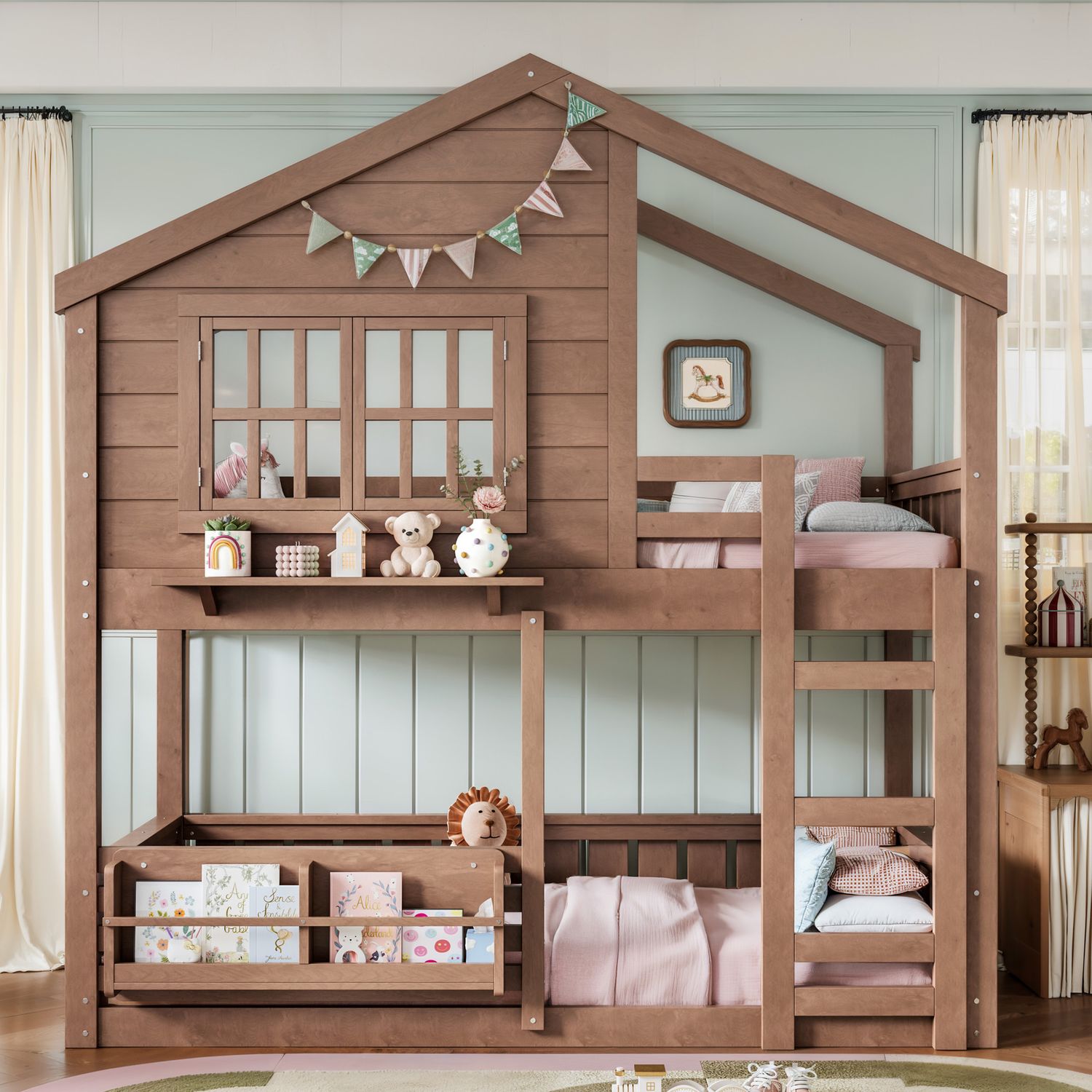 Twin Size Bunk Bed/Loft Bed with Bookshelf - Natural Twin Size Bunk Bed/Loft Bed with Bookshelf - Natural
