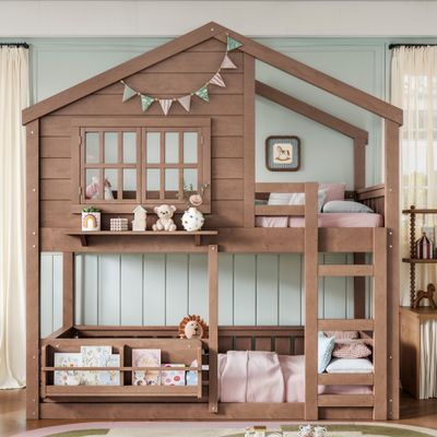 Twin Size Bunk Bed/Loft Bed with Bookshelf - Natural Twin Size Bunk Bed/Loft Bed with Bookshelf - Natural