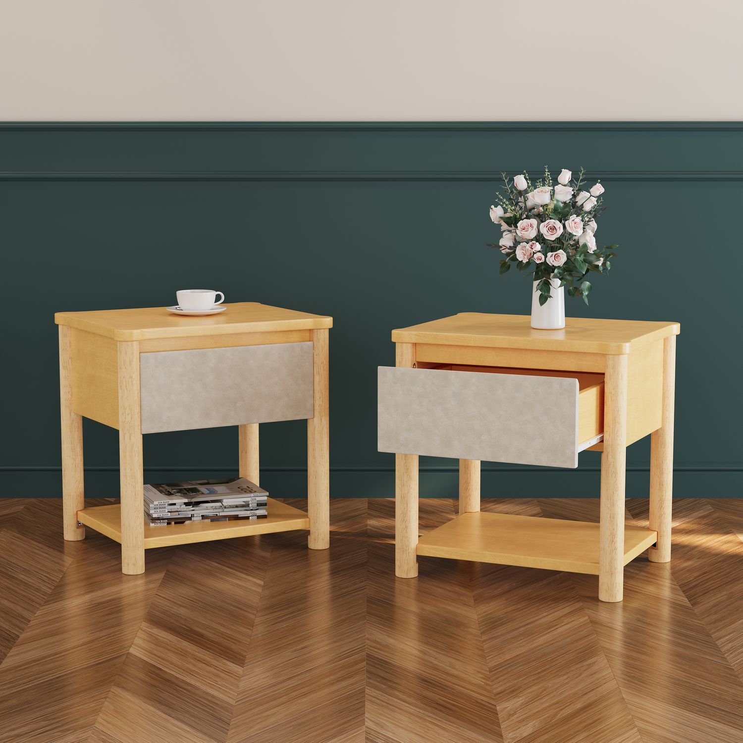 Wood Nightstand, Modern Nightstands with Drawer - Natural+Beige Wood Nightstand, Modern Nightstands with Drawer - Natural+Beige