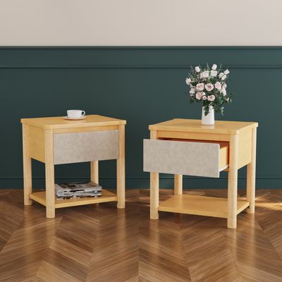 Wood Nightstand, Modern Nightstands with Drawer - Natural+Beige Wood Nightstand, Modern Nightstands with Drawer - Natural+Beige