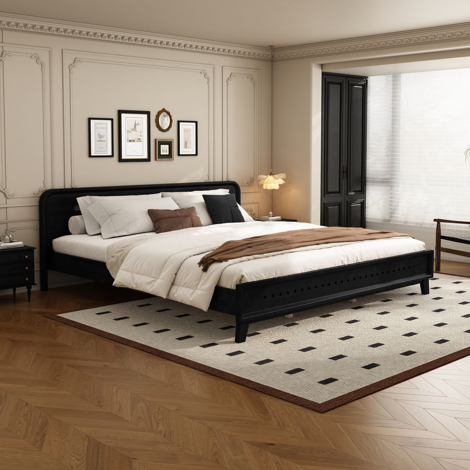 Pine Solid Wood King Size Bed - Black Pine Solid Wood King Size Bed - Black