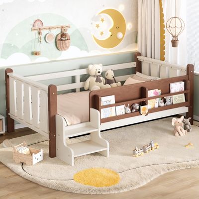 Twin Size Floor Bed with Storage Bookcases - Beige Twin Size Floor Bed with Storage Bookcases - Beige