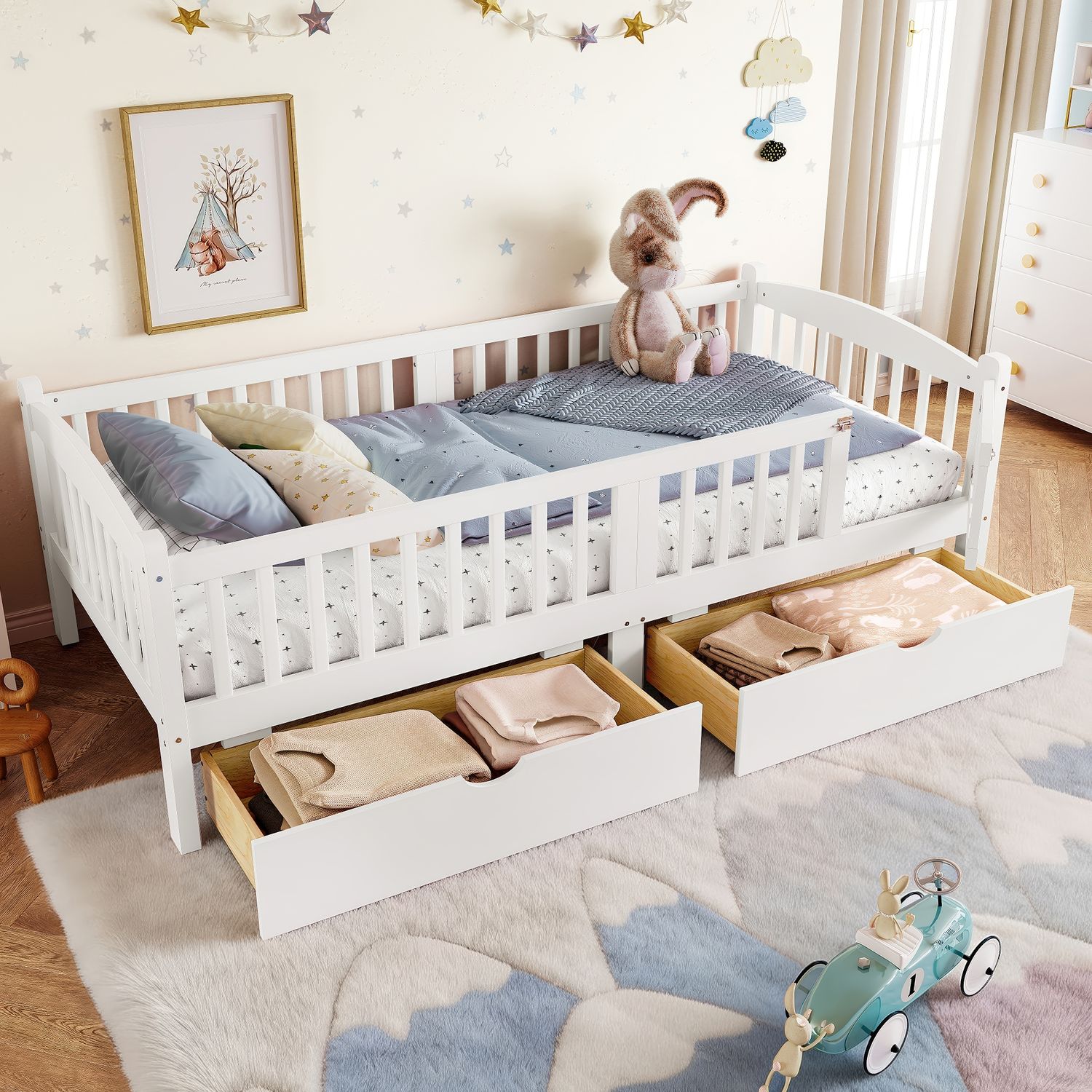Twin XL Platform Bed with Full - length Guardrails - White Twin XL Platform Bed with Full - length Guardrails - White