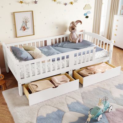 Twin XL Platform Bed with Full - length Guardrails - White Twin XL Platform Bed with Full - length Guardrails - White