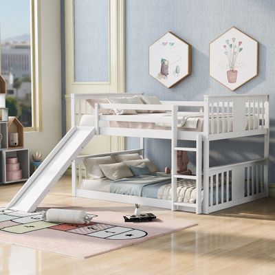 Full Over Full Bunk Bed with Ladder with Slide, White Full Over Full Bunk Bed with Ladder with Slide, White