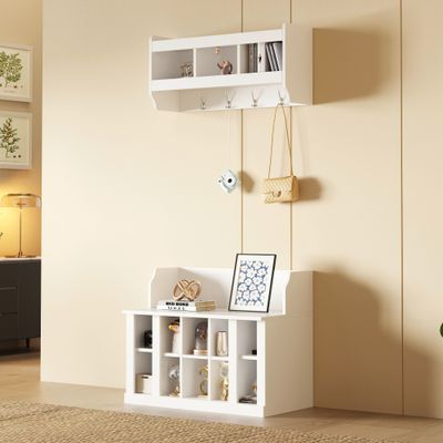 ON - TREND Shoe Storage Bench with Shelves and 4 Hooks - White