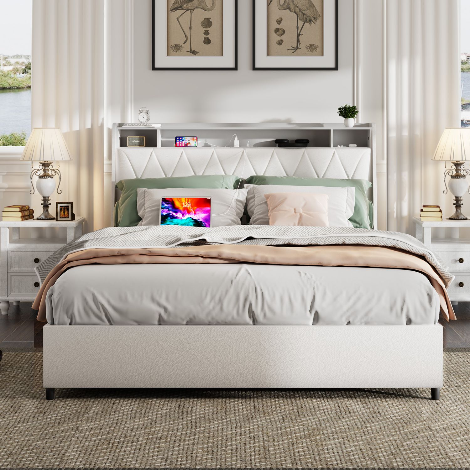 Full Size Bed Frame with Ergonomic Headboard - White