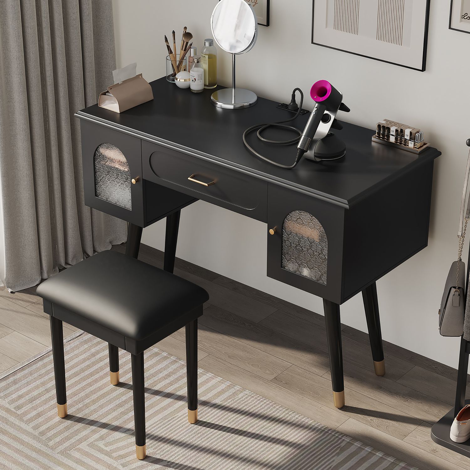 Elegant Vanity Makeup Table & Chair Set - Black Elegant Vanity Makeup Table & Chair Set - Black