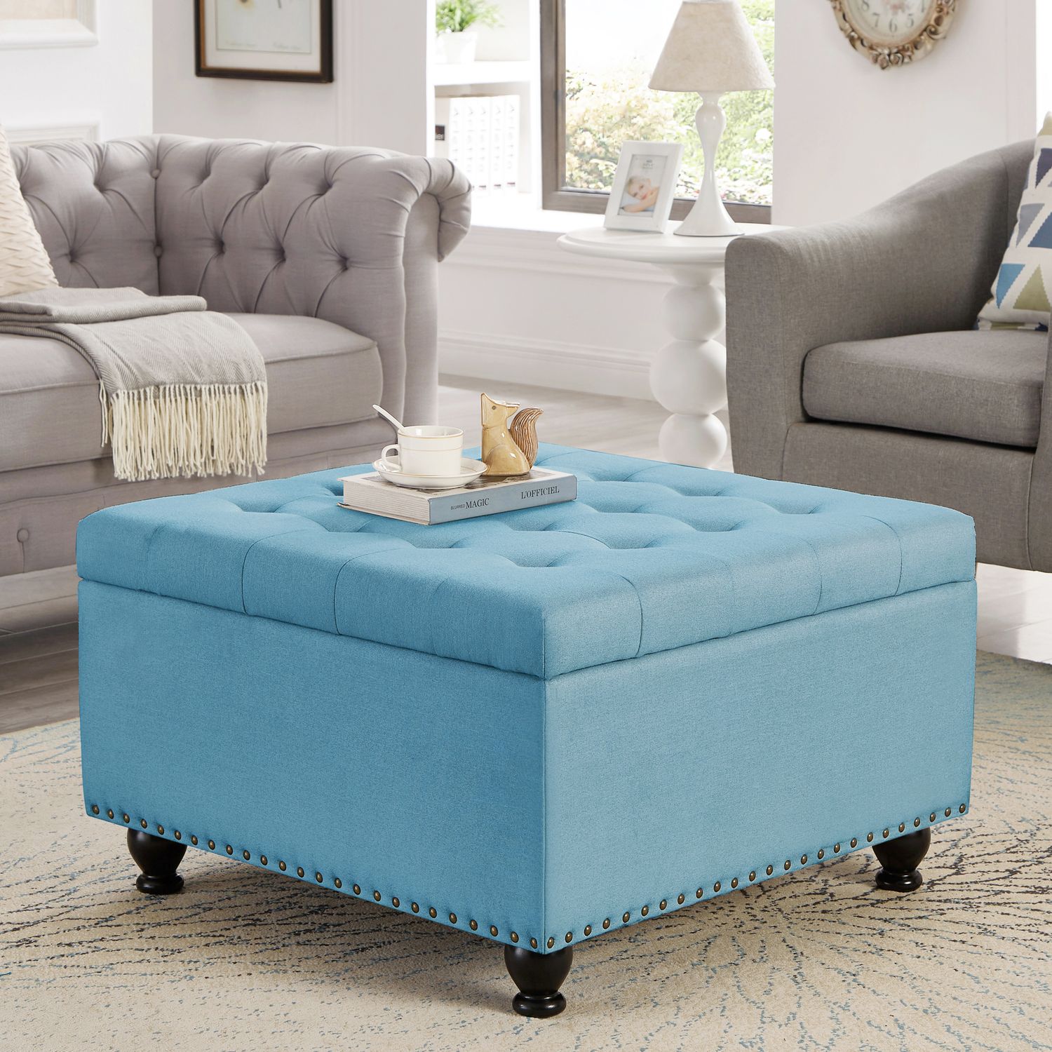 Large square storage ottoman with wooden legs - Light Blue Large square storage ottoman with wooden legs - Light Blue