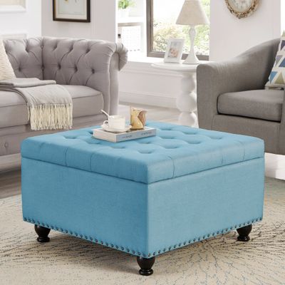Large square storage ottoman with wooden legs - Light Blue Large square storage ottoman with wooden legs - Light Blue