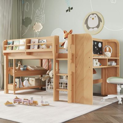 Twin Loft Bed with Multi - storage Bookcases - Natural Twin Loft Bed with Multi - storage Bookcases - Natural