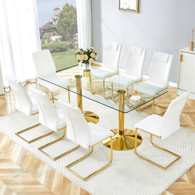 Table and chair set. 71 Table and chair set. 71" x 3 - Gold, Transparent, White Glass+Metal