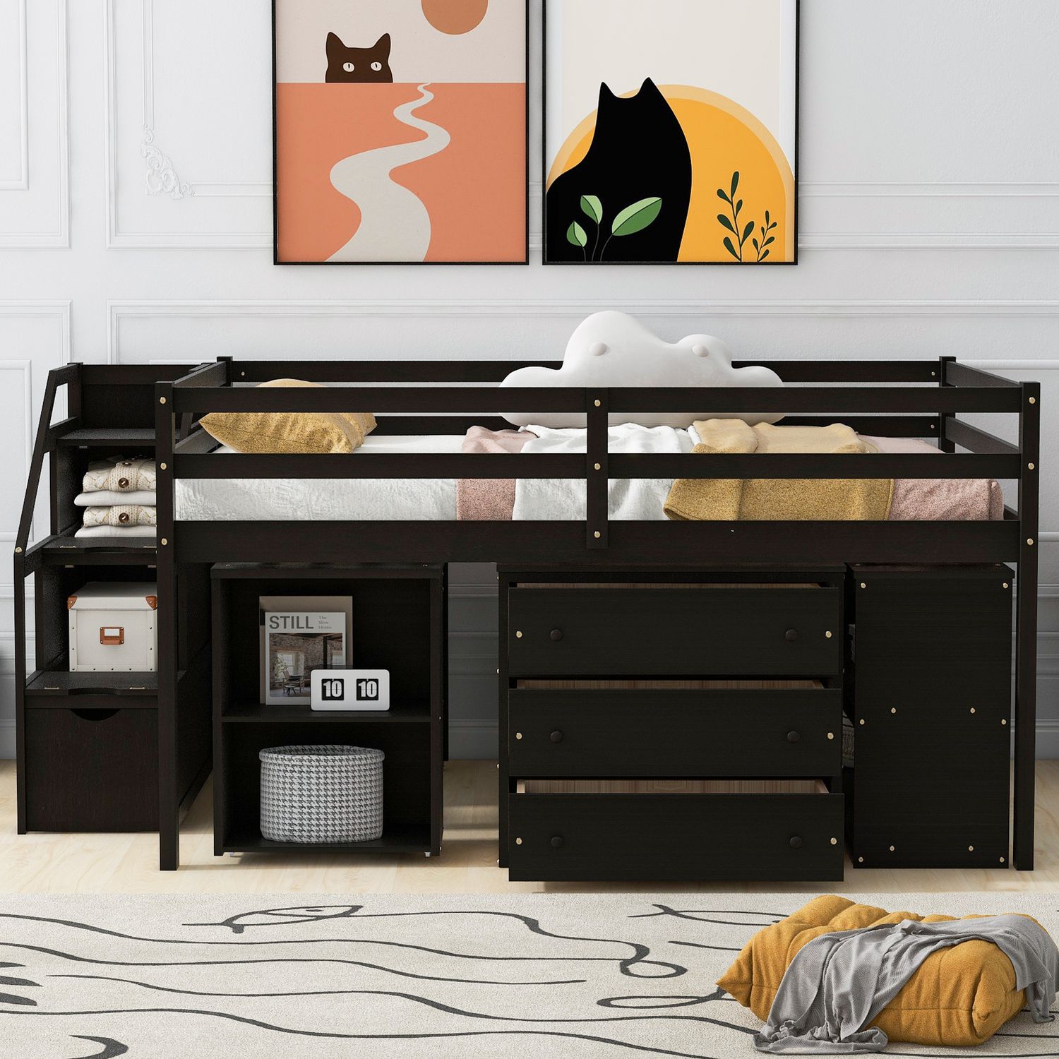 Full Size Loft Bed with Retractable Writing Desk and 3 Drawers Full Size Loft Bed with Retractable Writing Desk and 3 Drawers