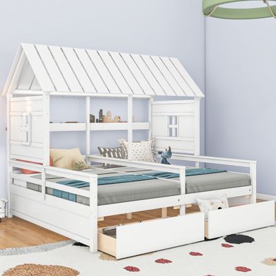 Twin Size House Platform Beds with Two Drawers for Boy an - White