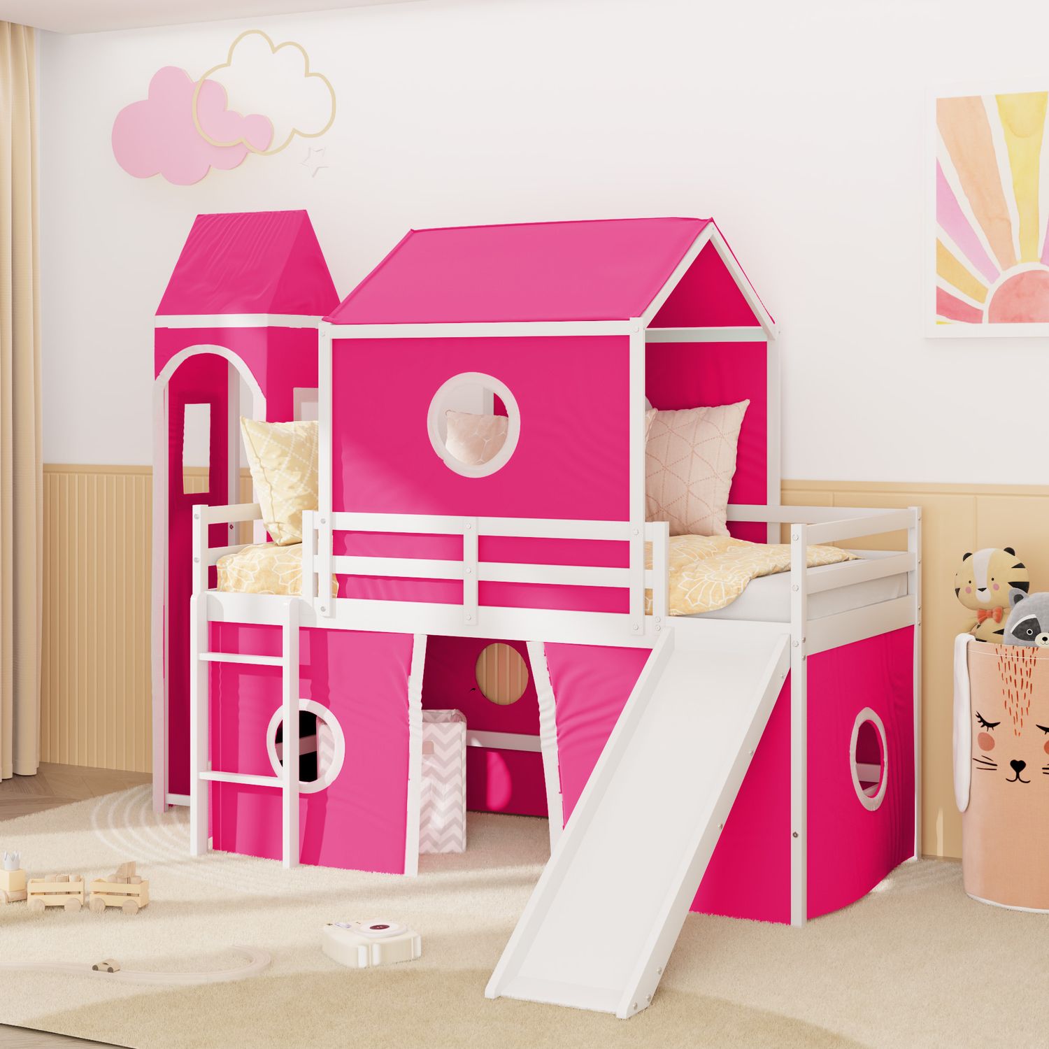 Twin Size Loft Bed with Slide Pink Tent and Tower - Pink - Solid Wood