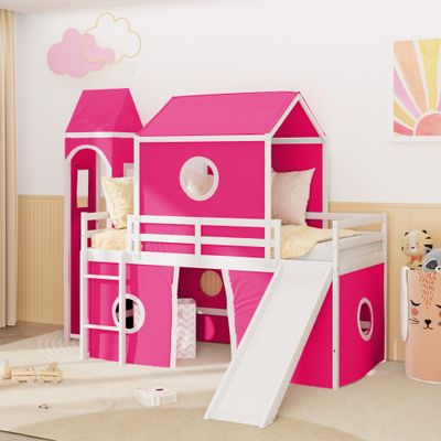 Twin Size Loft Bed with Slide Pink Tent and Tower - Pink - Solid Wood Twin Size Loft Bed with Slide Pink Tent and Tower - Pink - Solid Wood