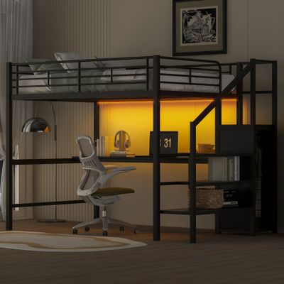 Full Size Metal Loft Bed with Desk - Black
