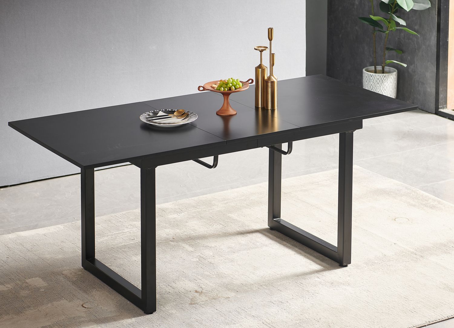 black color, Square Extendable Dining Table with metal leg black color, Square Extendable Dining Table with metal leg