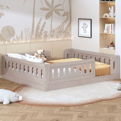 Wood Full Size Platform Bed with Guardrail, Natural
