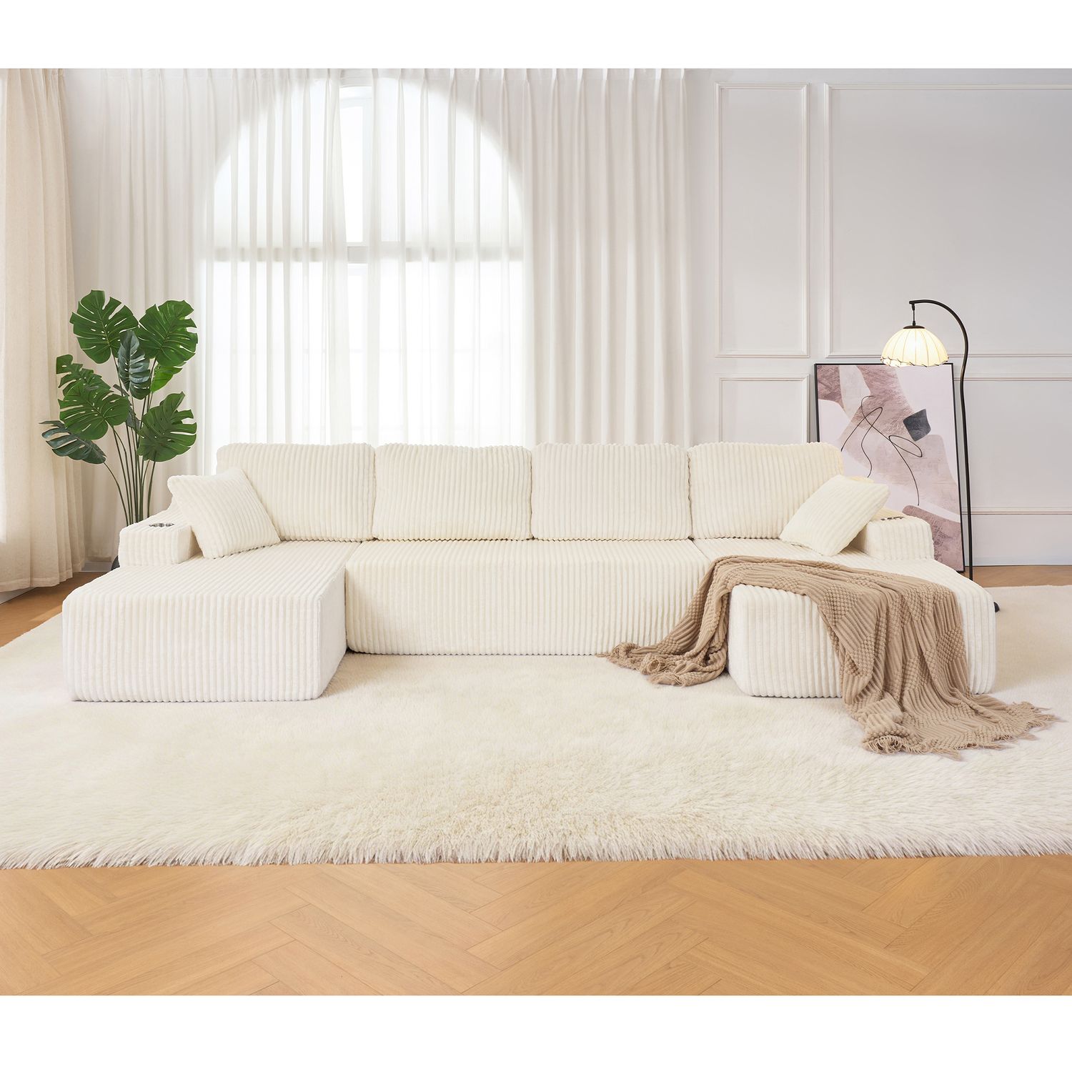 U - Shaped Modular Sectional Sofa - Beige - Corduroy, Polyurethane U - Shaped Modular Sectional Sofa - Beige - Corduroy, Polyurethane