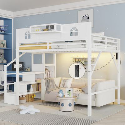 Queen Size Loft Bed with Stairs - White Queen Size Loft Bed with Stairs - White