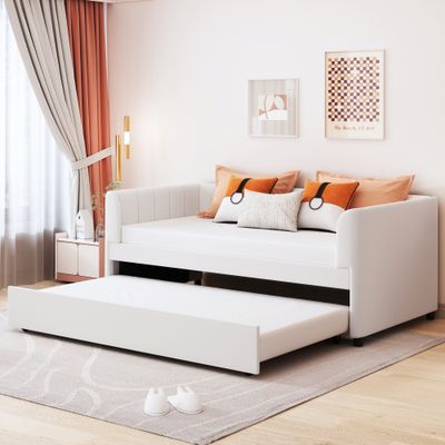 Twin Size Upholstered Daybed with Ergonomic Design Backrest and Twin Size Upholstered Daybed with Ergonomic Design Backrest and