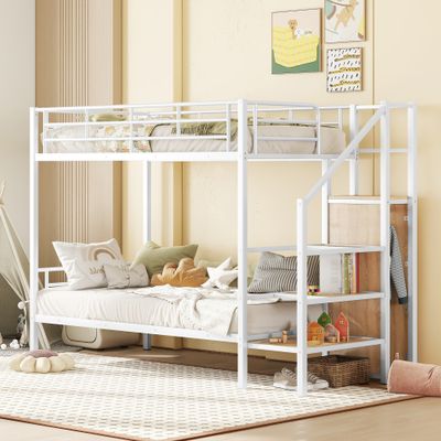 Twin Over Twin Metal Bunk Bed with Lateral Storage Ladder and Wardrobe Twin Over Twin Metal Bunk Bed with Lateral Storage Ladder and Wardrobe