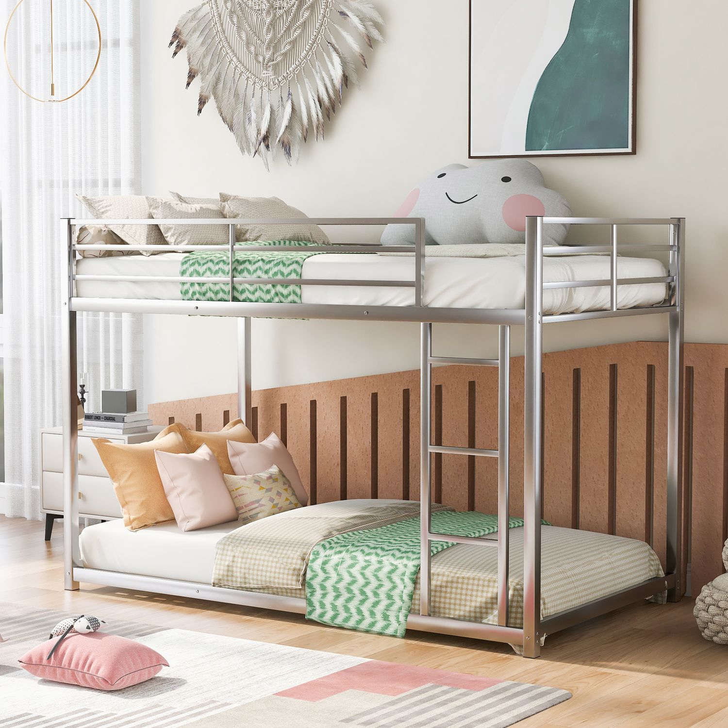 Twin over Twin Metal Bunk Bed, Low Bunk Bed with Ladder, Silver