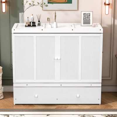 Full Size Murphy Bed with USB Port and a Large Drawer, White Full Size Murphy Bed with USB Port and a Large Drawer, White