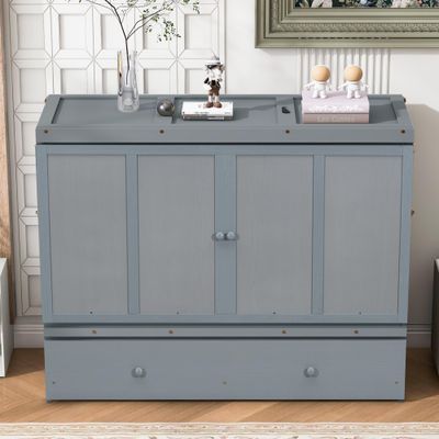 Queen Size Murphy Bed with USB Port and a Large Drawer, Gray Queen Size Murphy Bed with USB Port and a Large Drawer, Gray