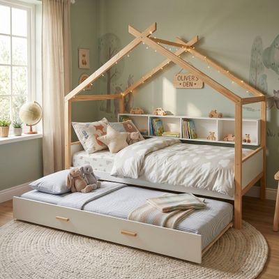 White Twin Size Wooden House Bed with Original Wood Colored Frame Twin White Twin Size Wooden House Bed with Original Wood Colored Frame Twin
