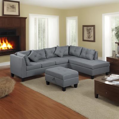 104.5 104.5" Upholstered Sofa, Chaise & Ottoman, Gray