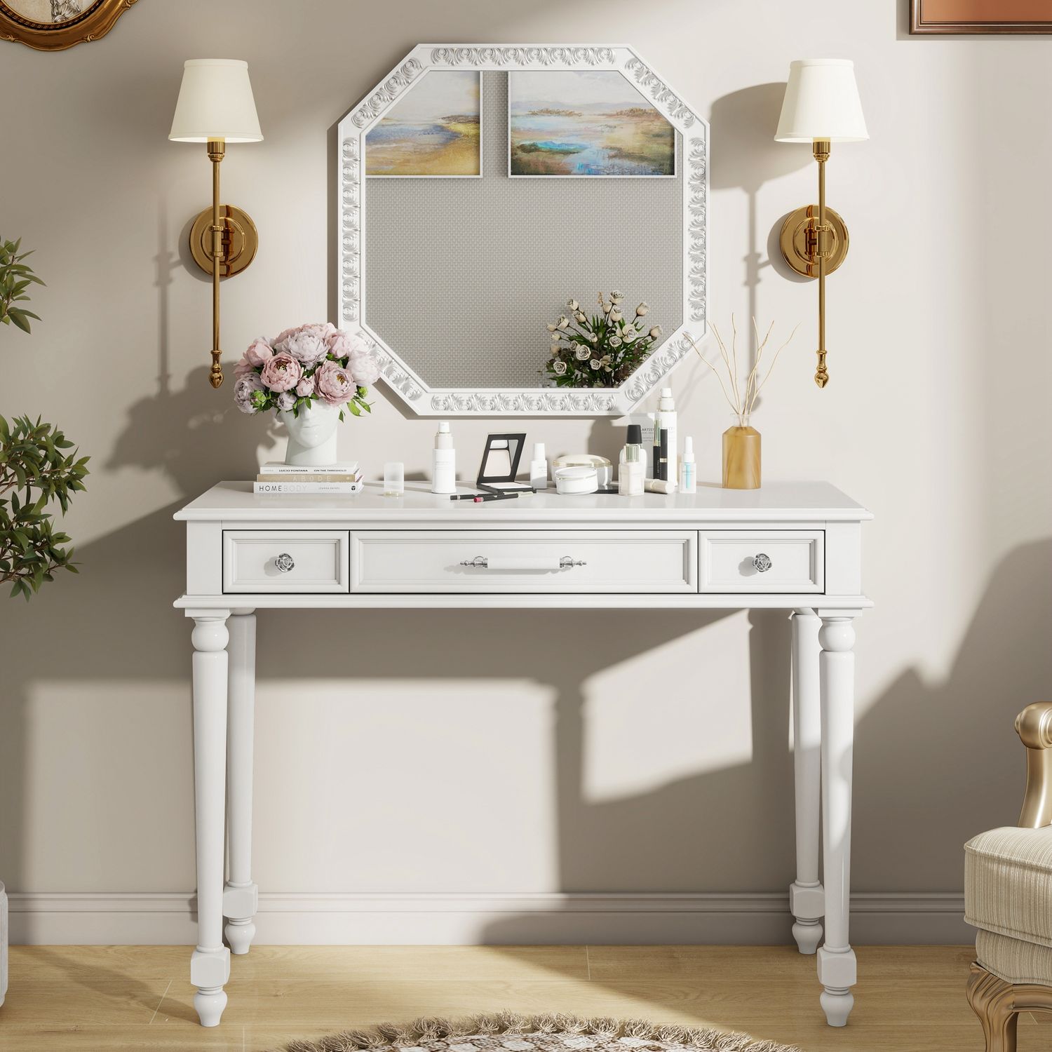 Retro Makeup Desk with Large Mirror - White