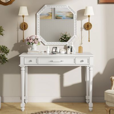 Retro Makeup Desk with Large Mirror - White Retro Makeup Desk with Large Mirror - White